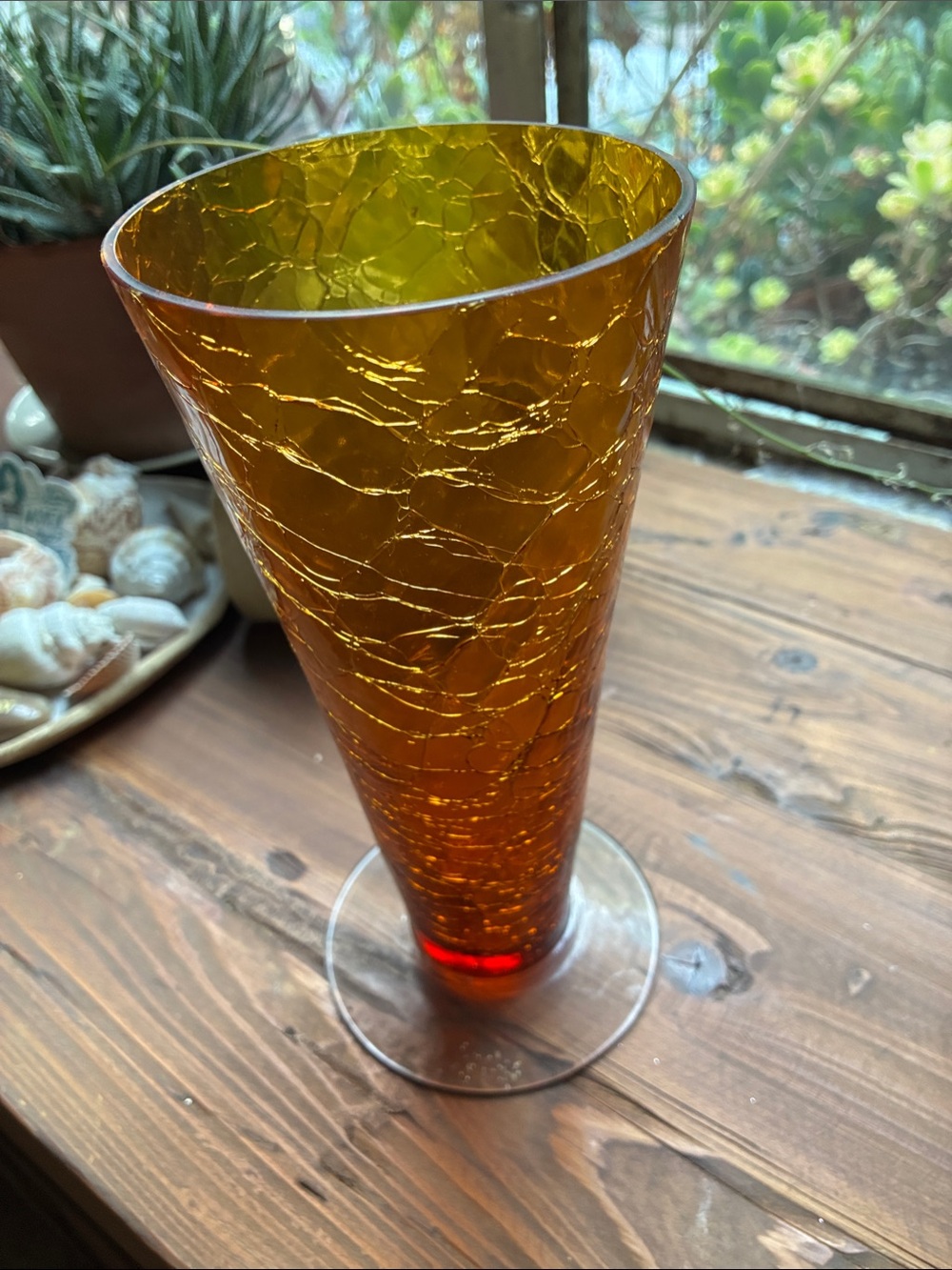 Amber Crackle Glass Vase - Tall Conical Accent.  8.5” tall x 3 3/4” at the mouth